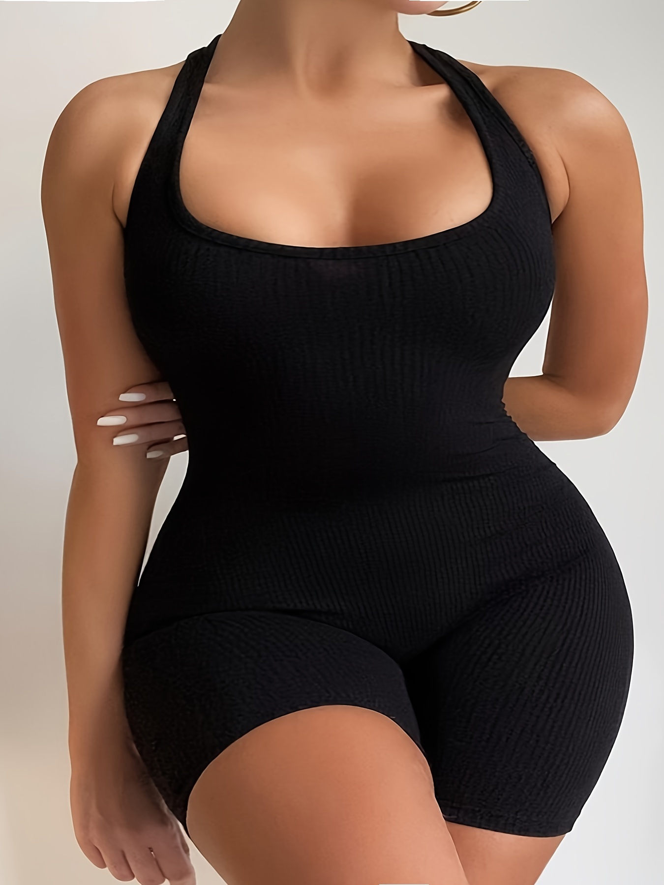 Summer Clothing Plus - Mono deportivo negro Con cuello Halter