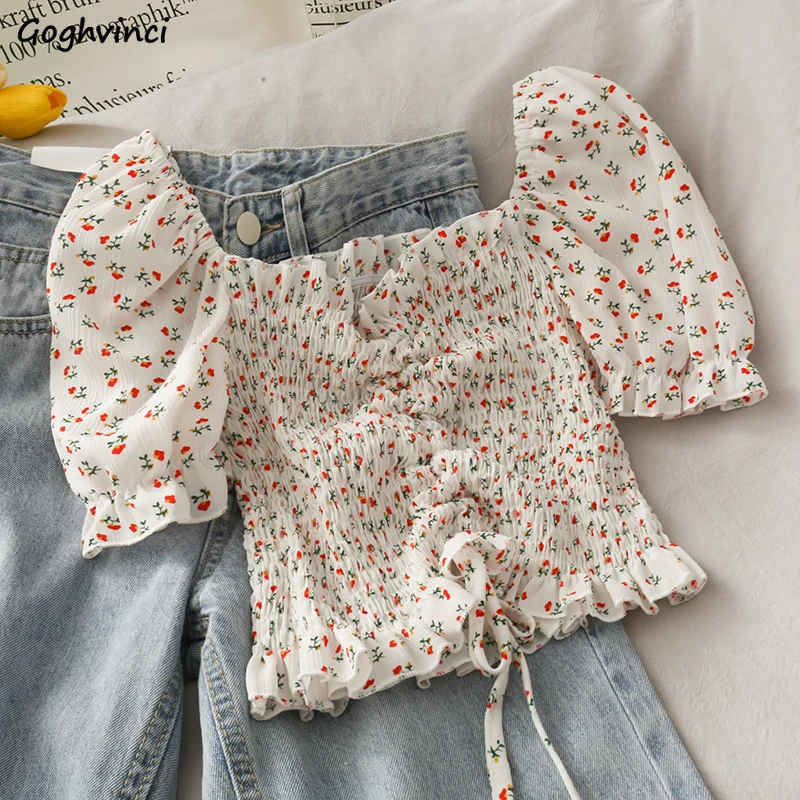 Crop Blouse Linen - Blusas con cordones florales para mujer,