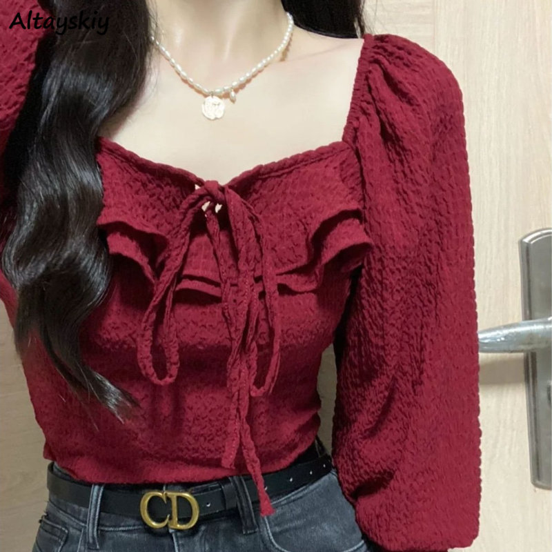 Crop Blouse Linen - Blusas rojas con cordones informales Vintage