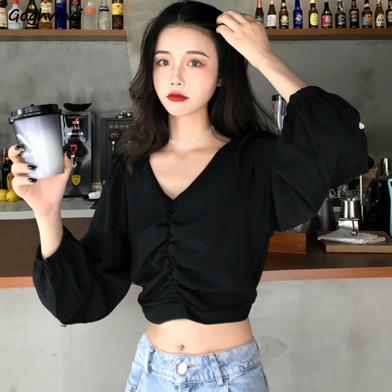 Crop Blouse Linen - Blusas con cuello en V para