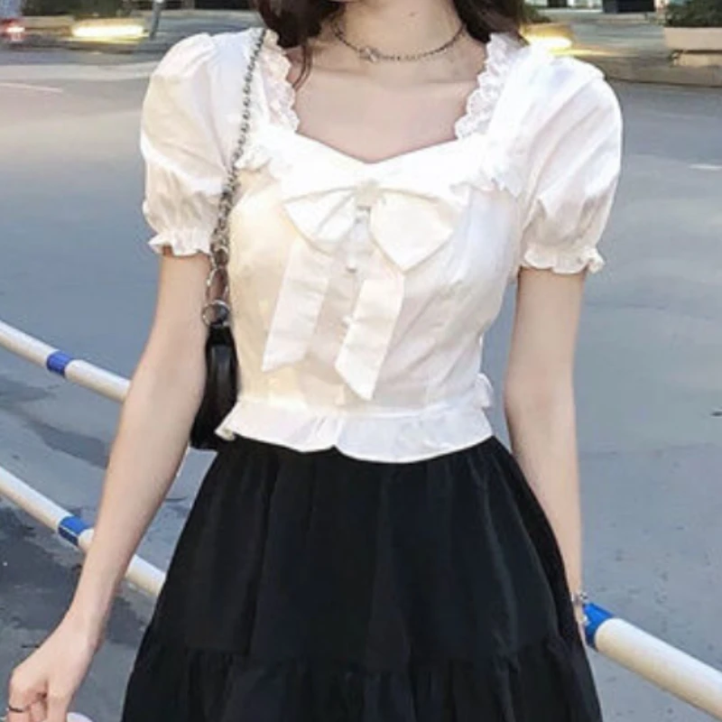 White Blouses Women Bow Design - Crop Blouse Linen reseña y precio