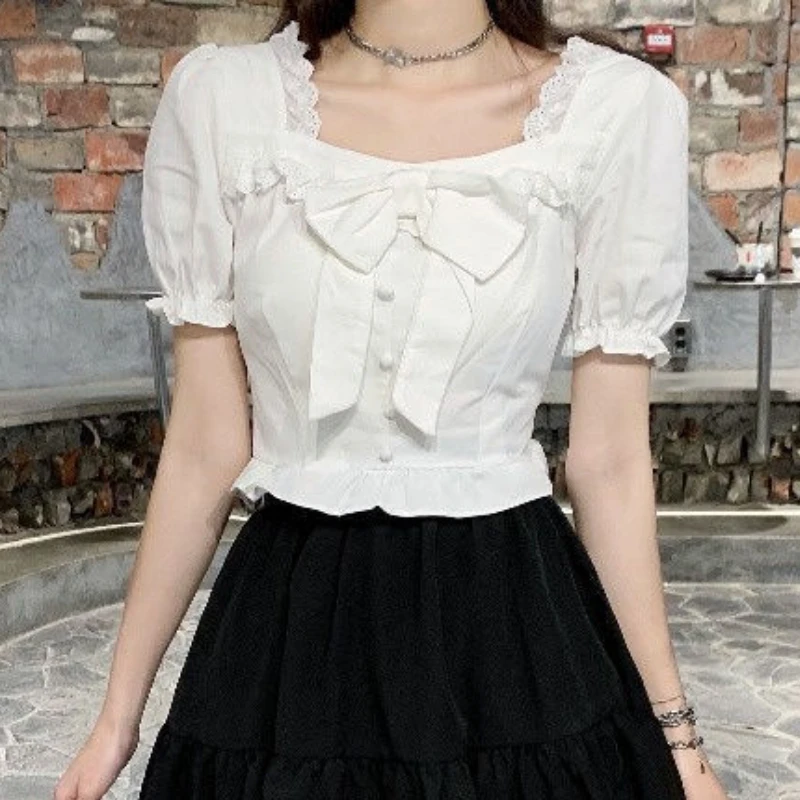 White Blouses Women Bow Design - Crop Blouse Linen reseña y precio